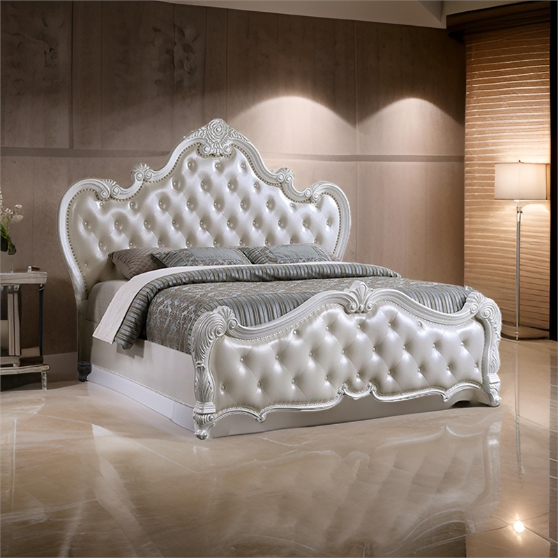 Venta Queen Size Bed- Pearl White Button Tufted Faux Leather Upholstery