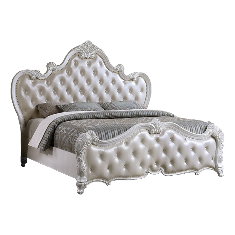 Venta Queen Size Bed- Pearl White Button Tufted Faux Leather Upholstery