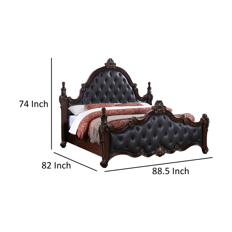Moni King Bed- Black Button Tufted Classical Upholstery- Cherry Brown Wood
