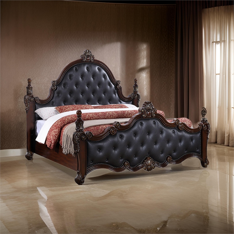 Moni King Bed- Black Button Tufted Classical Upholstery- Cherry Brown Wood