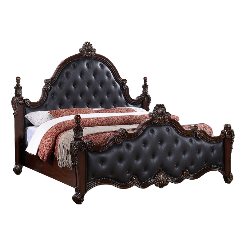 Moni King Bed- Black Button Tufted Classical Upholstery- Cherry Brown Wood