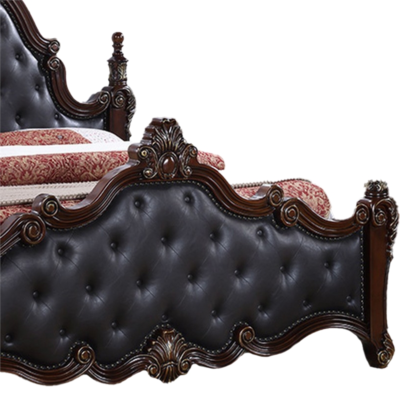 Moni Queen Bed- Black Button Tufted Classical Upholstery- Cherry Brown Wood