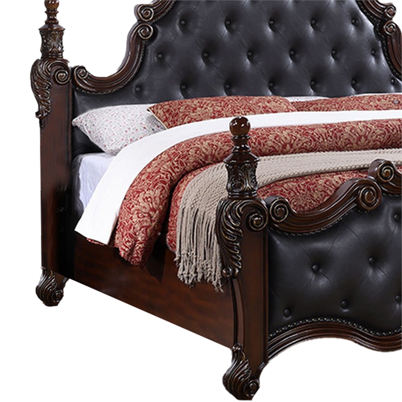 Moni Queen Bed- Black Button Tufted Classical Upholstery- Cherry Brown Wood