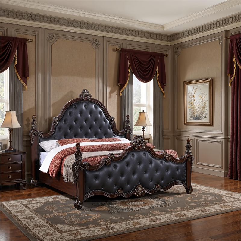 Moni Queen Bed- Black Button Tufted Classical Upholstery- Cherry Brown Wood