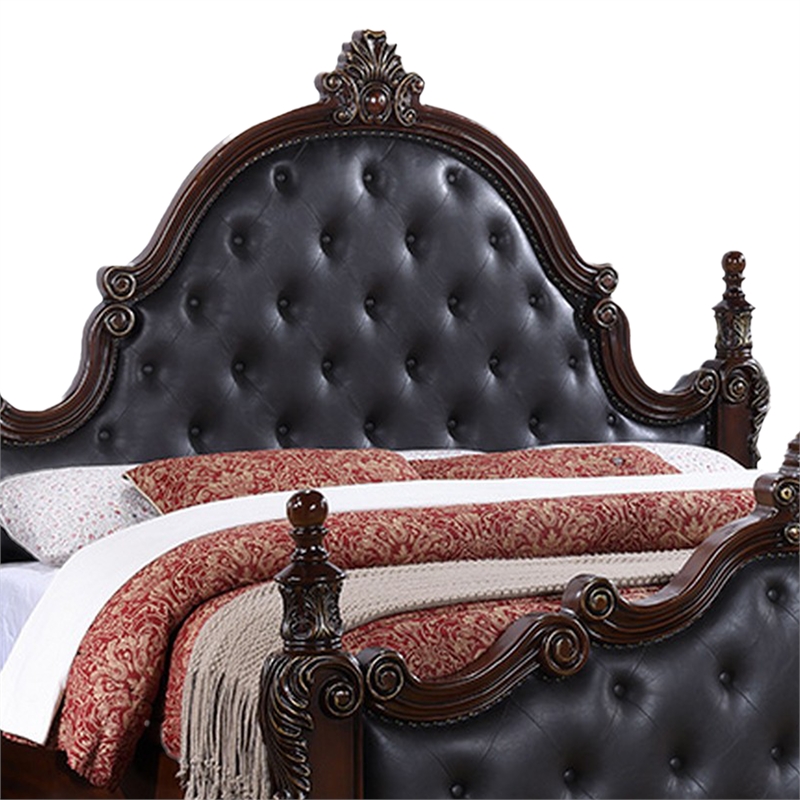 Moni Queen Bed- Black Button Tufted Classical Upholstery- Cherry Brown Wood