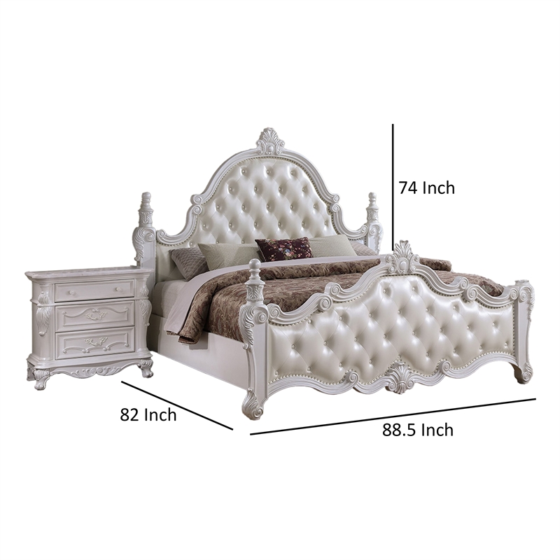 Moni King Bed- White Button Tufted Traditional Upholstery- Solid Wood