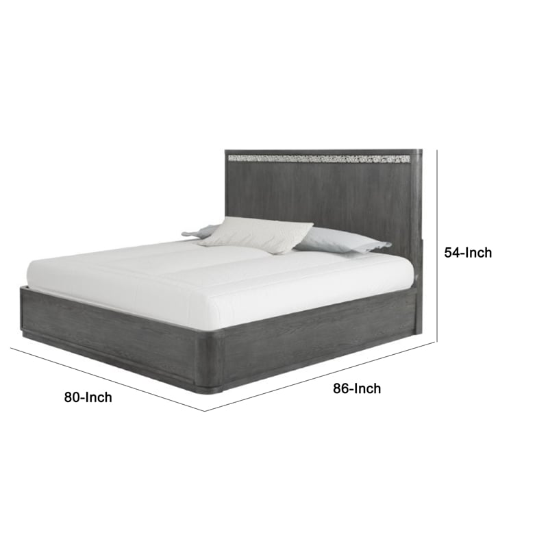 Zoko King Bed with Panel Style Headboard- Chrome- Ash Gray Solid Wood