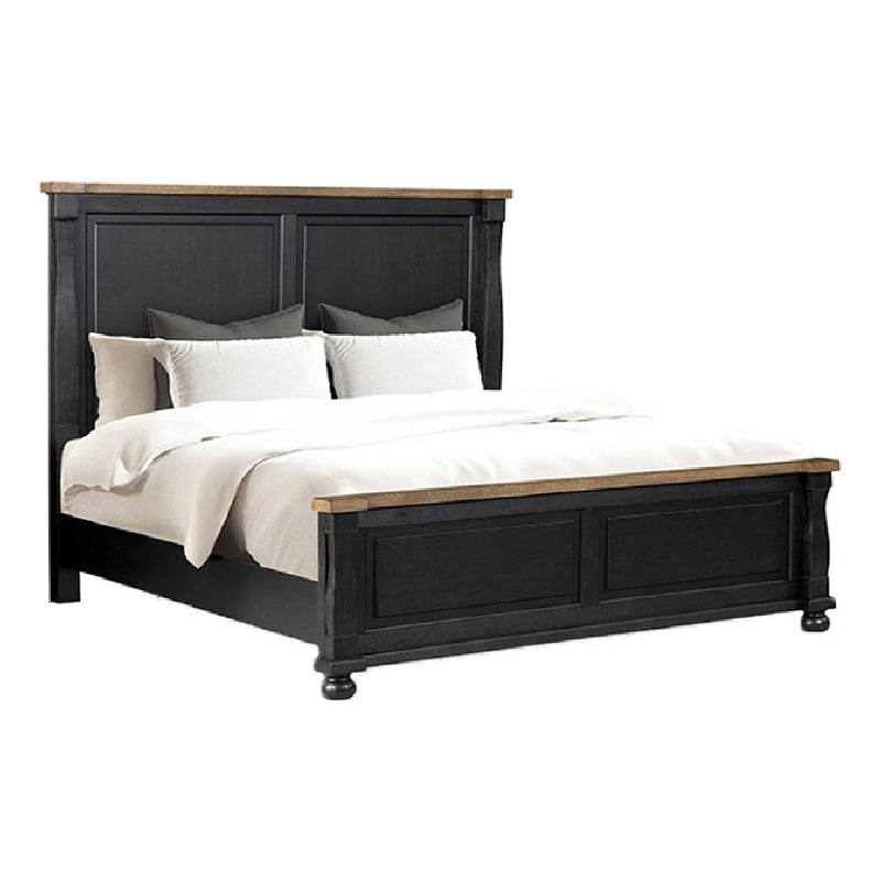 Ginie Queen Bed- Tall Headboard- Farmhouse Legs- Black- Oak Brown Wood