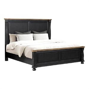 Ginie Queen Bed- Tall Headboard- Farmhouse Legs- Black- Oak Brown Wood