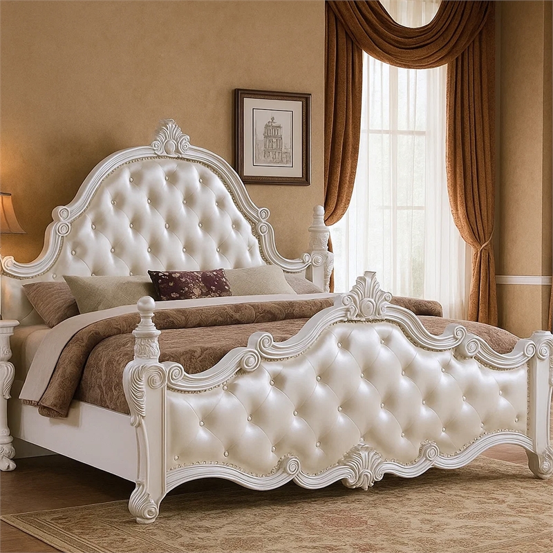 Moni Queen Bed- White Button Tufted Traditional Upholstery- Solid Wood