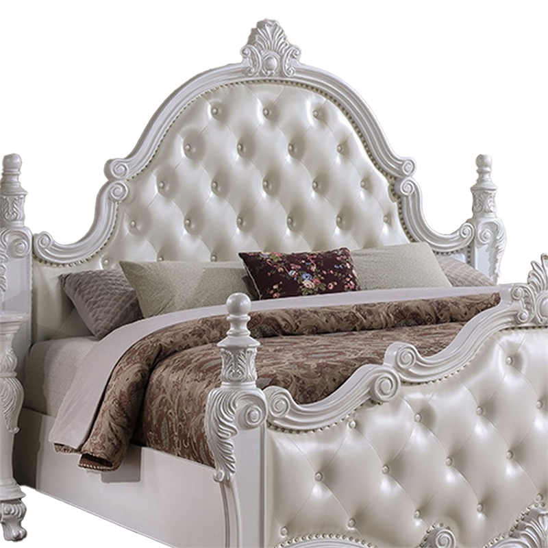 Moni Queen Bed- White Button Tufted Traditional Upholstery- Solid Wood