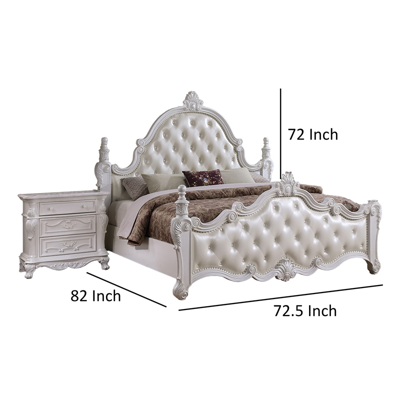 Moni Queen Bed- White Button Tufted Traditional Upholstery- Solid Wood