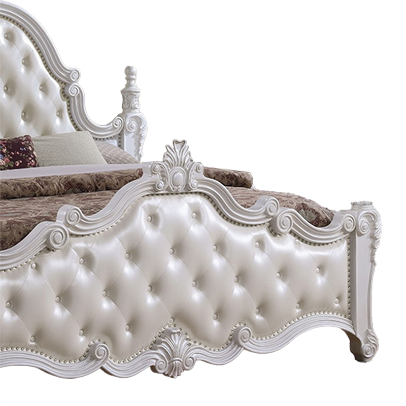 Moni Queen Bed- White Button Tufted Traditional Upholstery- Solid Wood