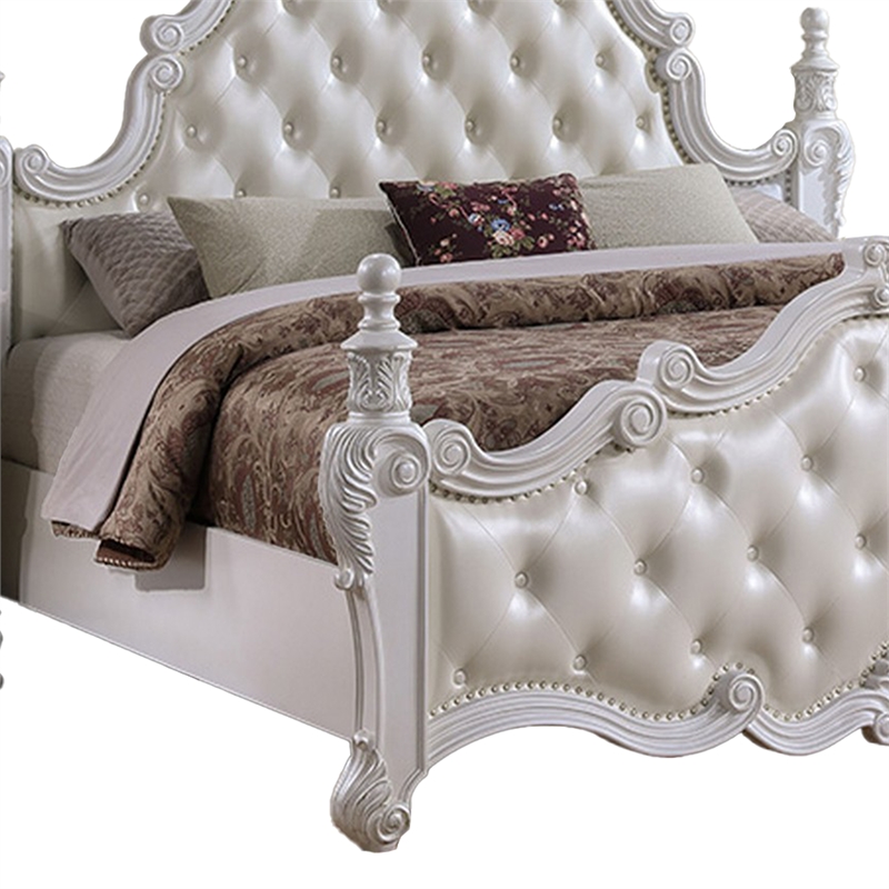 Moni Queen Bed- White Button Tufted Traditional Upholstery- Solid Wood