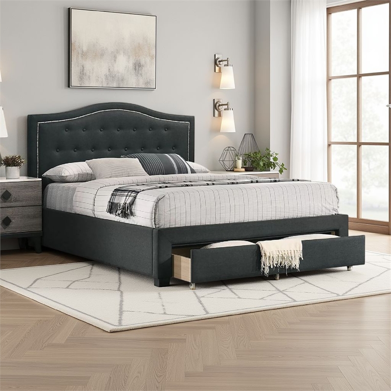 Sey Queen Size Bed w Storage Drawers- Dark Gray Upholstered Headboard