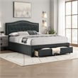 Sey Queen Size Bed w Storage Drawers- Dark Gray Upholstered Headboard