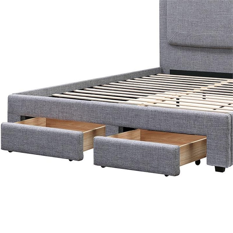 Fina Full Size Bed w Storage Footboard- Gray Faux Linen Upholstery