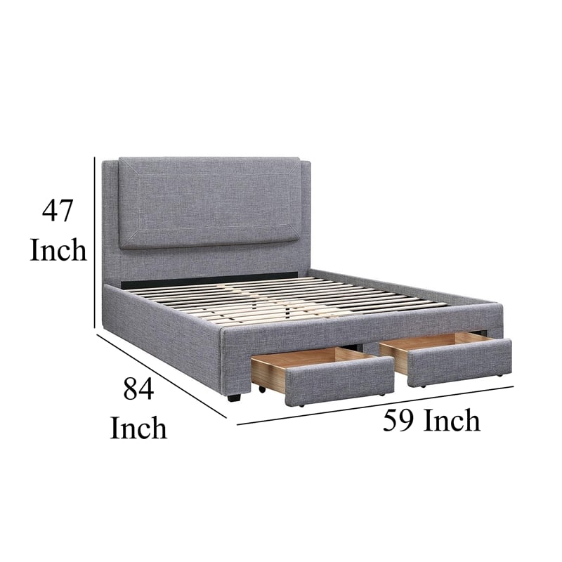 Fina Full Size Bed w Storage Footboard- Gray Faux Linen Upholstery