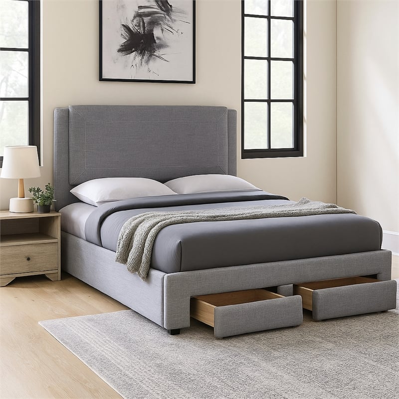 Fina Full Size Bed w Storage Footboard- Gray Faux Linen Upholstery