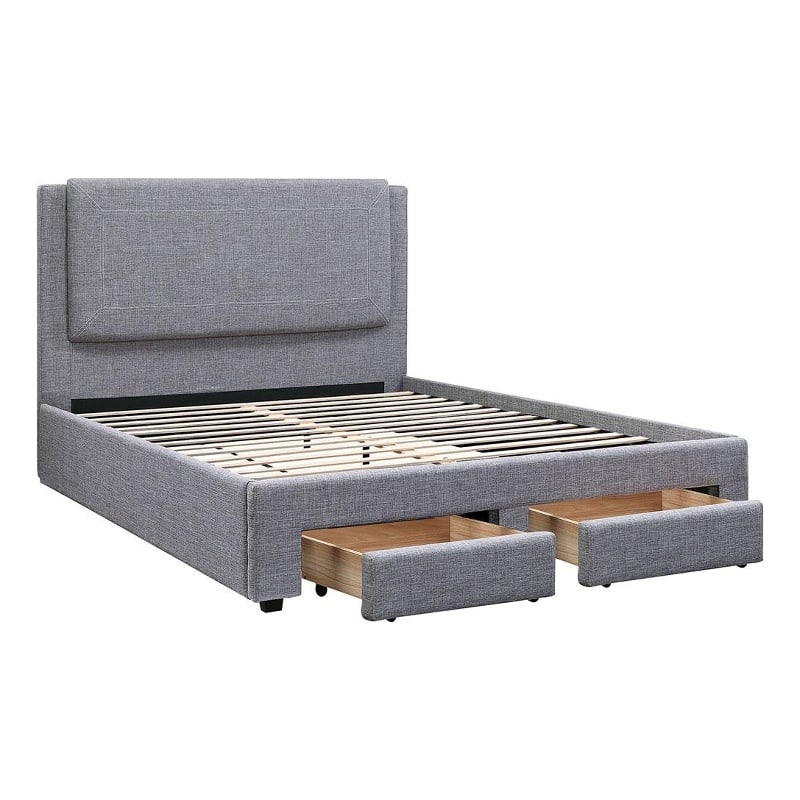 Fina Full Size Bed w Storage Footboard- Gray Faux Linen Upholstery