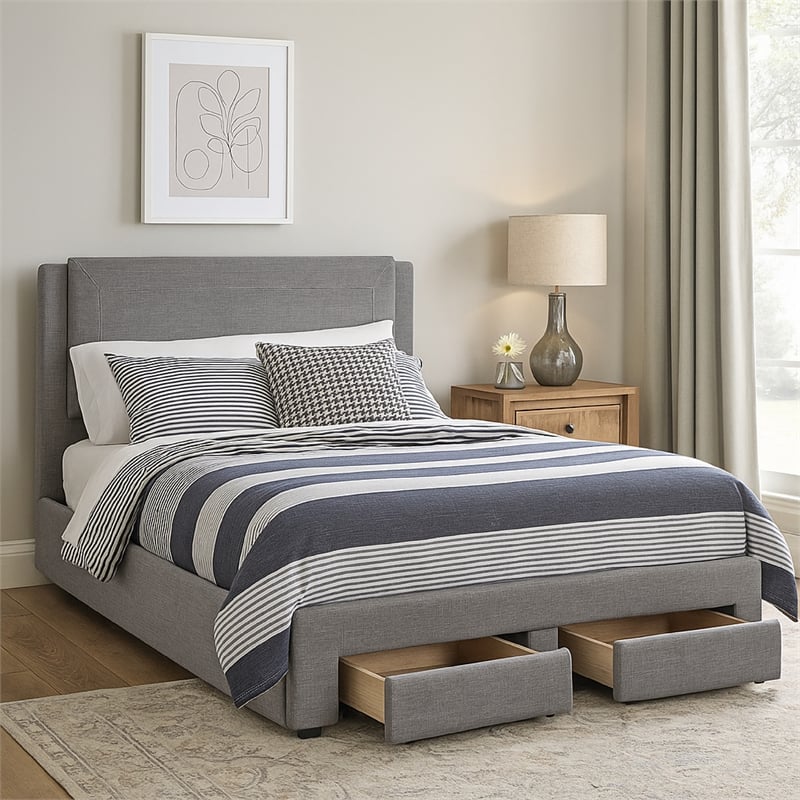 Fina Queen Size Bed w Storage Footboard- Gray Faux Linen Upholstery