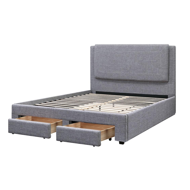 Fina Queen Size Bed w Storage Footboard- Gray Faux Linen Upholstery