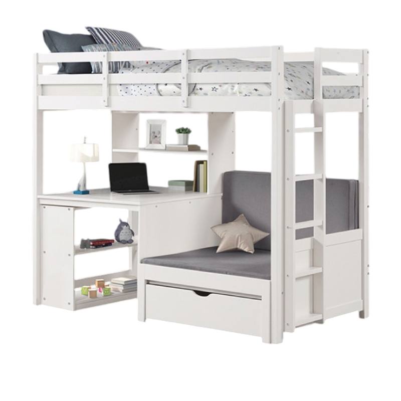 Sirius Twin Loft Bed with Writing Desk- Shelf Unit- White Pine Wood