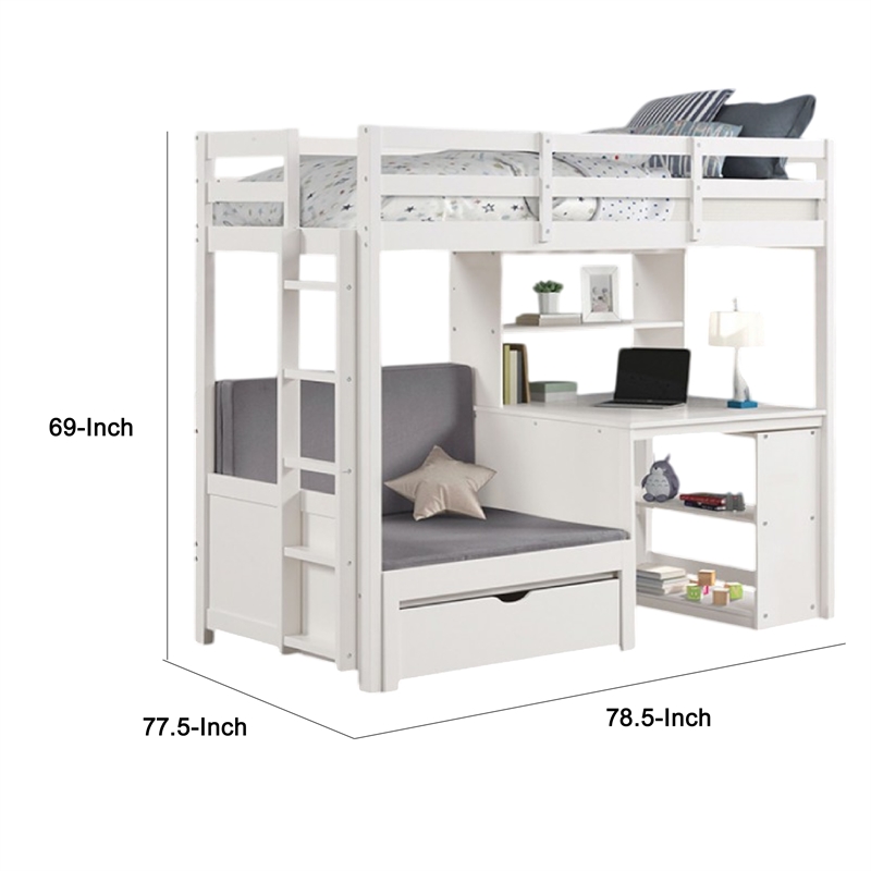 Sirius Twin Loft Bed with Writing Desk- Shelf Unit- White Pine Wood