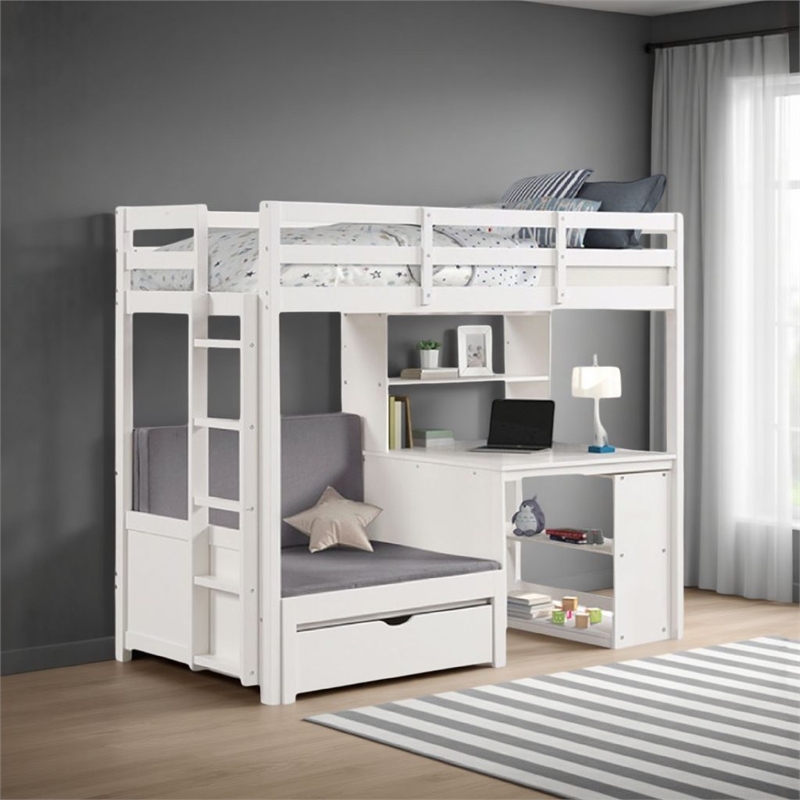 Sirius Twin Loft Bed with Writing Desk- Shelf Unit- White Pine Wood
