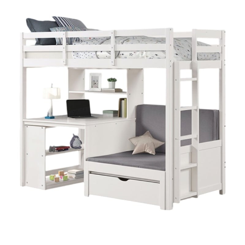 Sirius Twin Loft Bed with Writing Desk- Shelf Unit- White Pine Wood