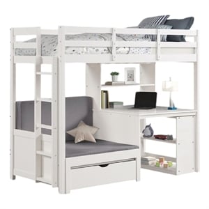 Sirius Twin Loft Bed with Writing Desk- Shelf Unit- White Pine Wood