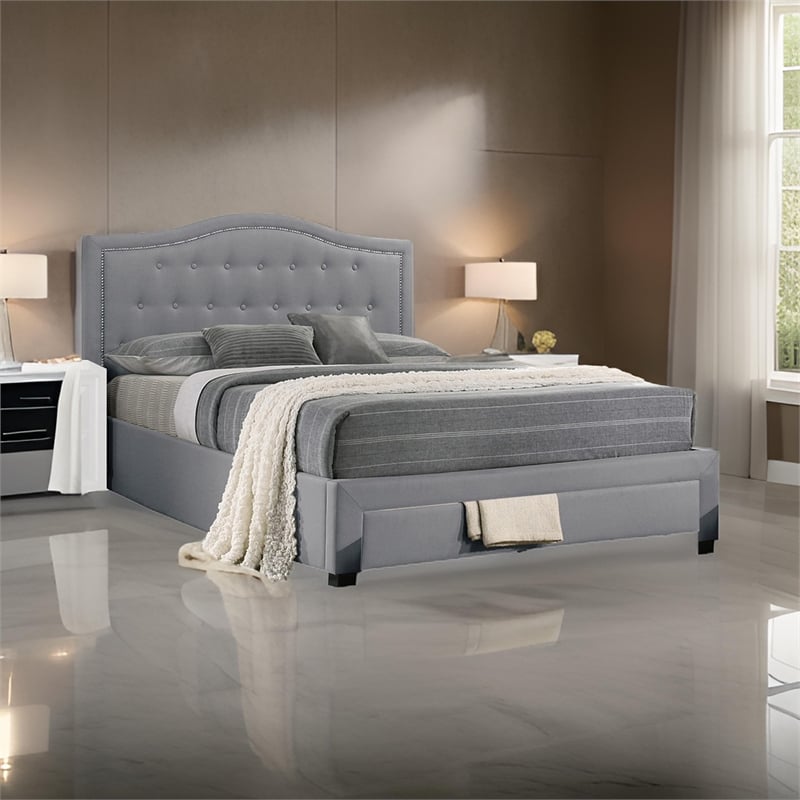 Sey California King Bed w Storage Drawer- Light Gray Burlap Upholstery