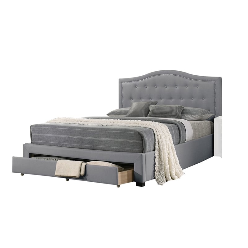 Sey California King Bed w Storage Drawer- Light Gray Burlap Upholstery
