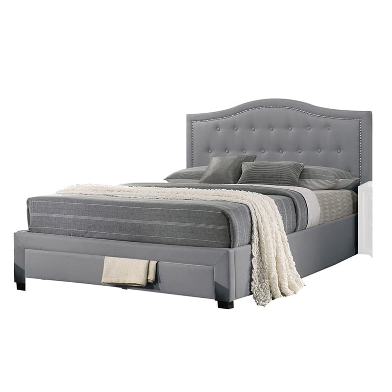 Sey California King Bed w Storage Drawer- Light Gray Burlap Upholstery