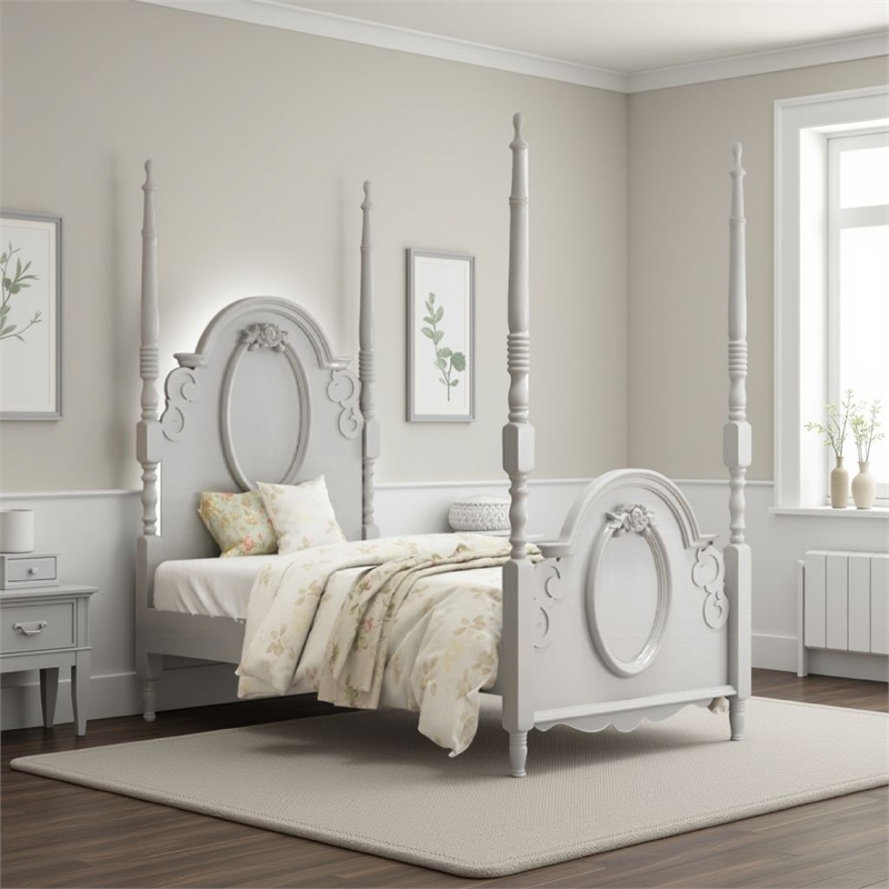 Auri Full Size Poster Bed- Arch Headboard- Classic Floral Motifs- Gray