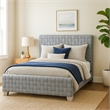 Reah Queen Size Bed- Light Teal Blue Chenille- Gray Panel Headboard