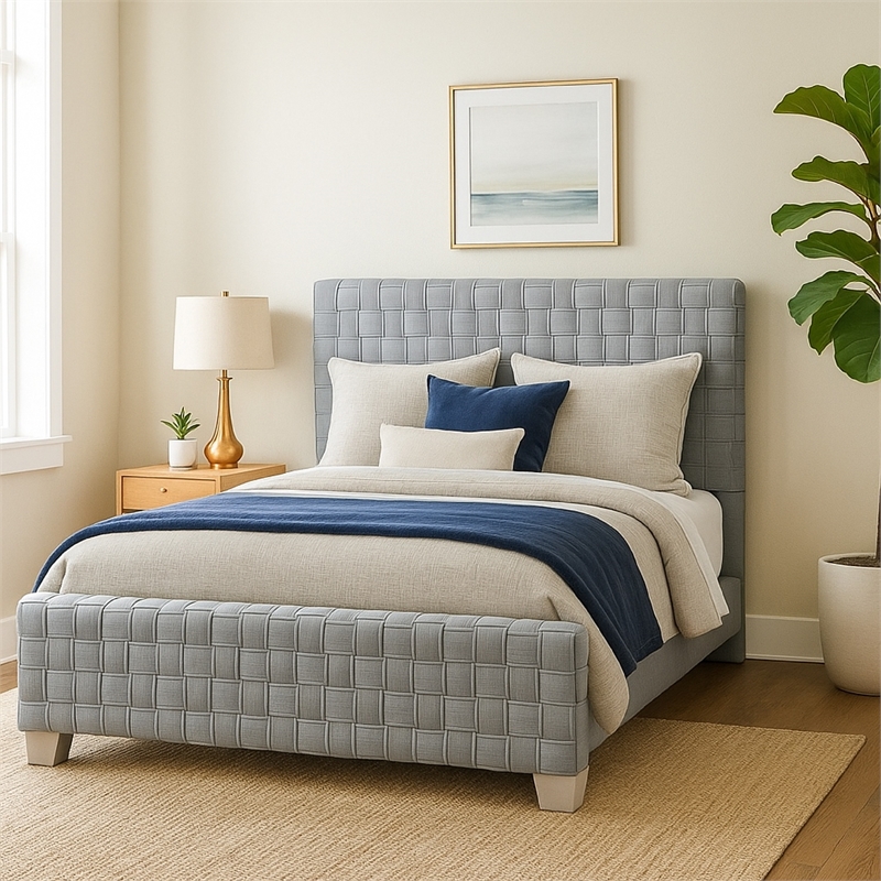 Reah Queen Size Bed- Light Teal Blue Chenille- Gray Panel Headboard