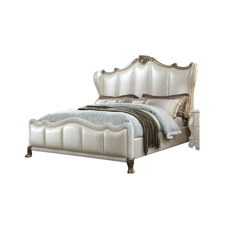 Ally California King Bed- White Faux Leather Victorian Carved- Silver
