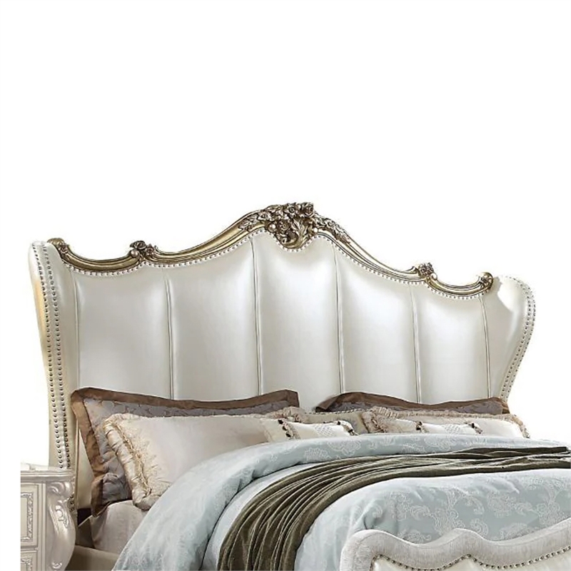Ally California King Bed- White Faux Leather Victorian Carved- Silver
