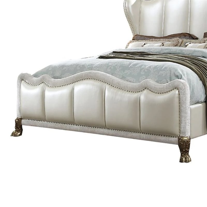 Ally California King Bed- White Faux Leather Victorian Carved- Silver