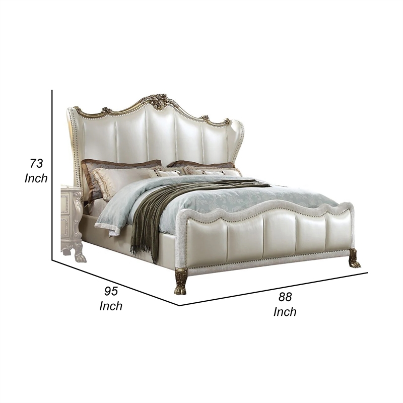 Ally California King Bed- White Faux Leather Victorian Carved- Silver