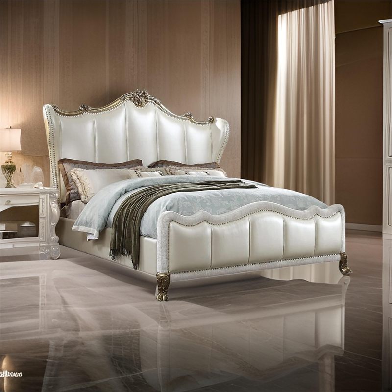 Ally California King Bed- White Faux Leather Victorian Carved- Silver