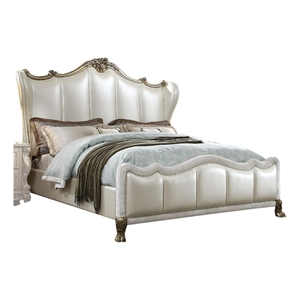 Ally California King Bed- White Faux Leather Victorian Carved- Silver