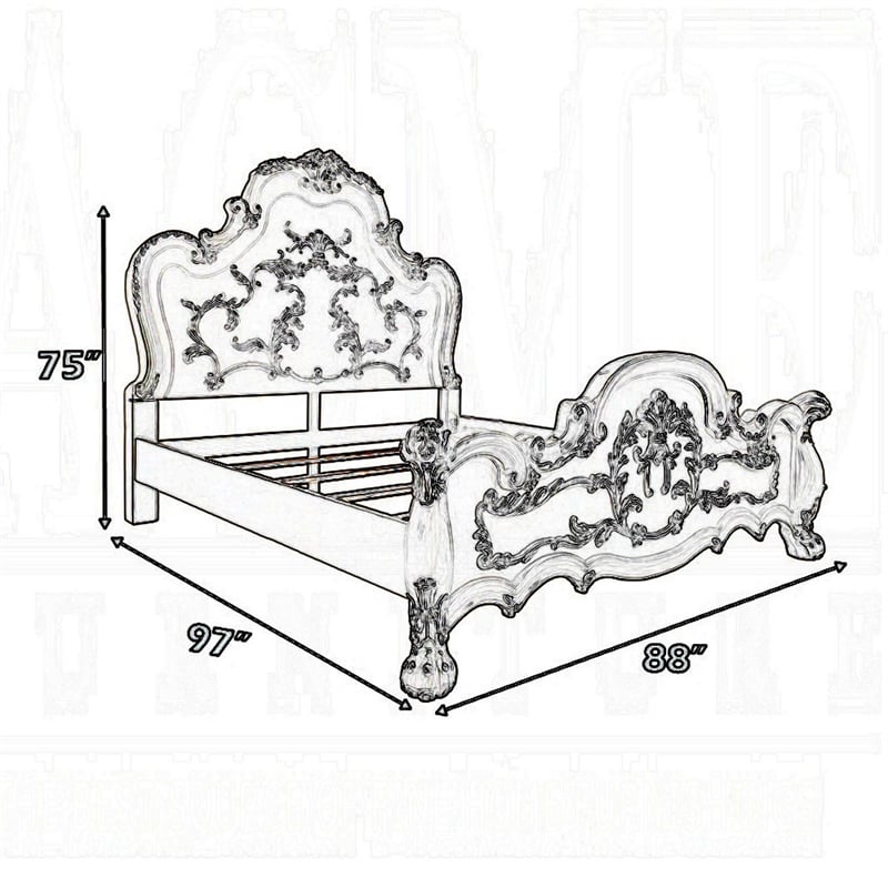 Ally California King Bed- Decorative Carved Inlay- Bone White Wood