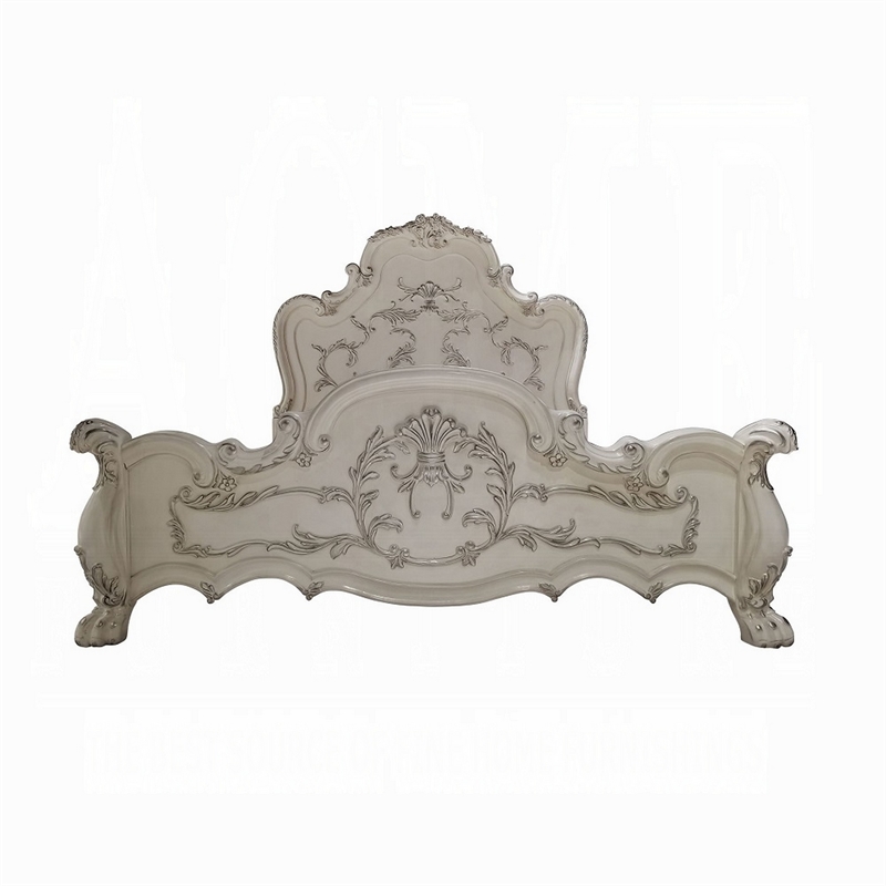 Ally King Bed- Decorative Carved Accent Inlay- Bone White Wood- Silver