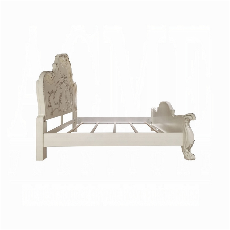 Ally King Bed- Decorative Carved Accent Inlay- Bone White Wood- Silver