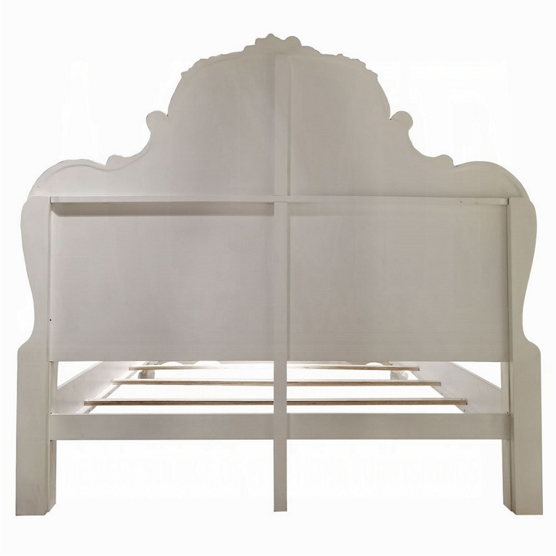 Ally King Bed- Decorative Carved Accent Inlay- Bone White Wood- Silver