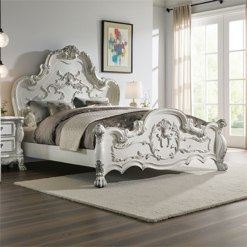Ally King Bed- Decorative Carved Accent Inlay- Bone White Wood- Silver