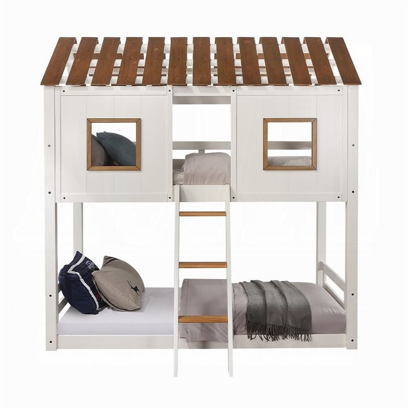 Nara Twin Size Bunk Bed- House Design with Ladder- White Rustic Wood