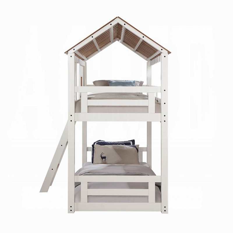 Nara Twin Size Bunk Bed- House Design with Ladder- White Rustic Wood